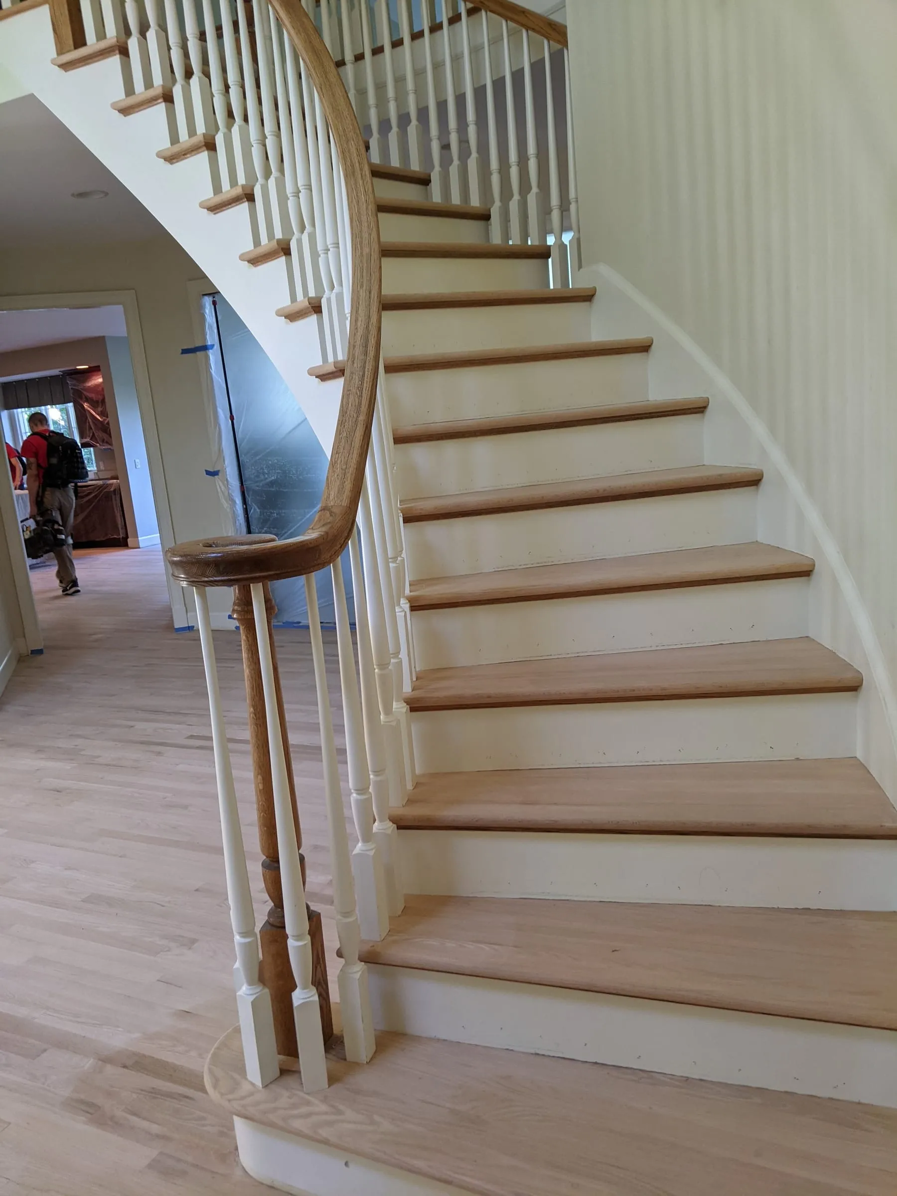Curved staircase with new natural oak treads and white balusters